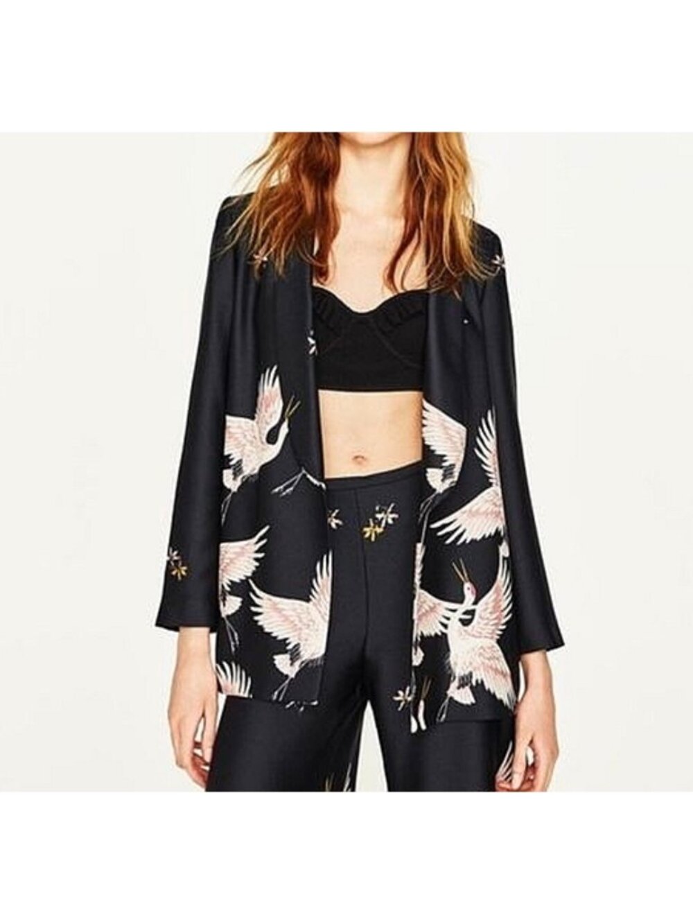 Zara Crane Print Jacket Asian Oriental Japanese Chinese Bird Floral Blazer Coat